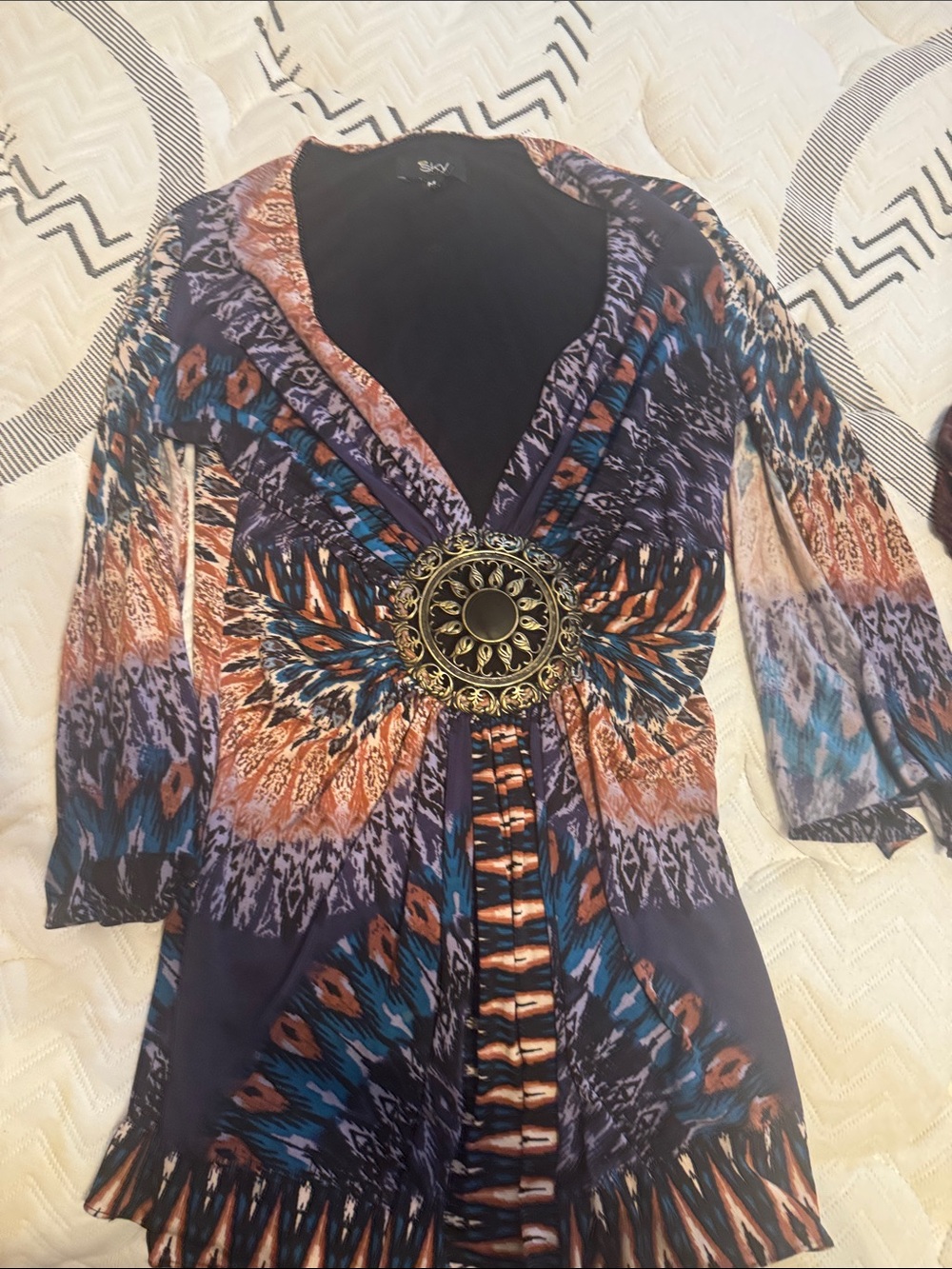 Sky Tribal-Print V-Neck Tunic in Navy, Rust and Teal with Medallion